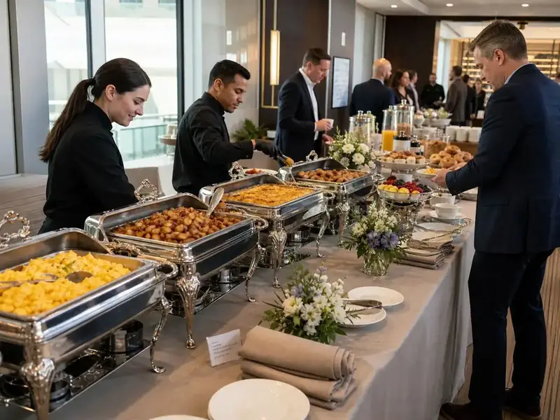 Professionally staffed Pleasanton corporate catering spread featuring chafing dishes, fresh flowers, coffee, and breakfast pastries.